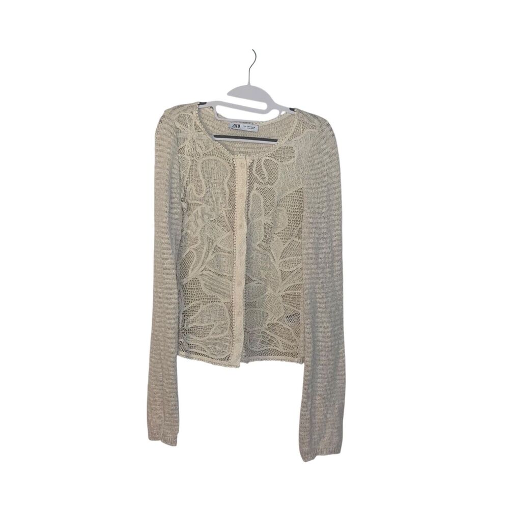 Zara Cream Colored Button Up Crochet Knit Cardigan M Cottagecore Romantic Boho